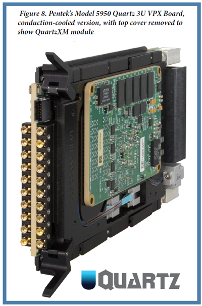 Pentek's Model 5950 Quartz 3U VPX Board, conduction-cooled version, with top cover removed to show QuartzXM module